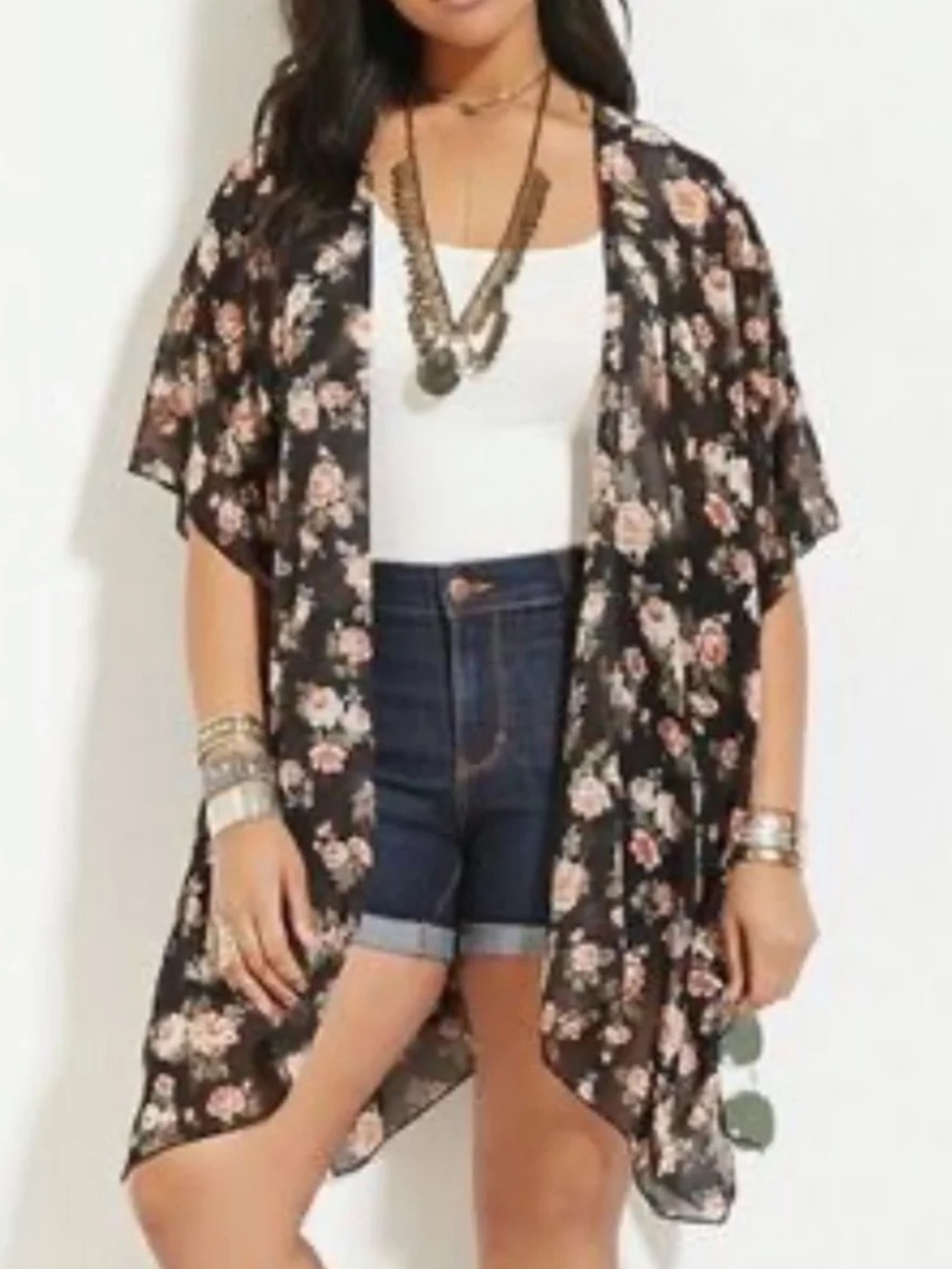 Floral Sheer Kimono duster- Black with Pink Boho Floral rose